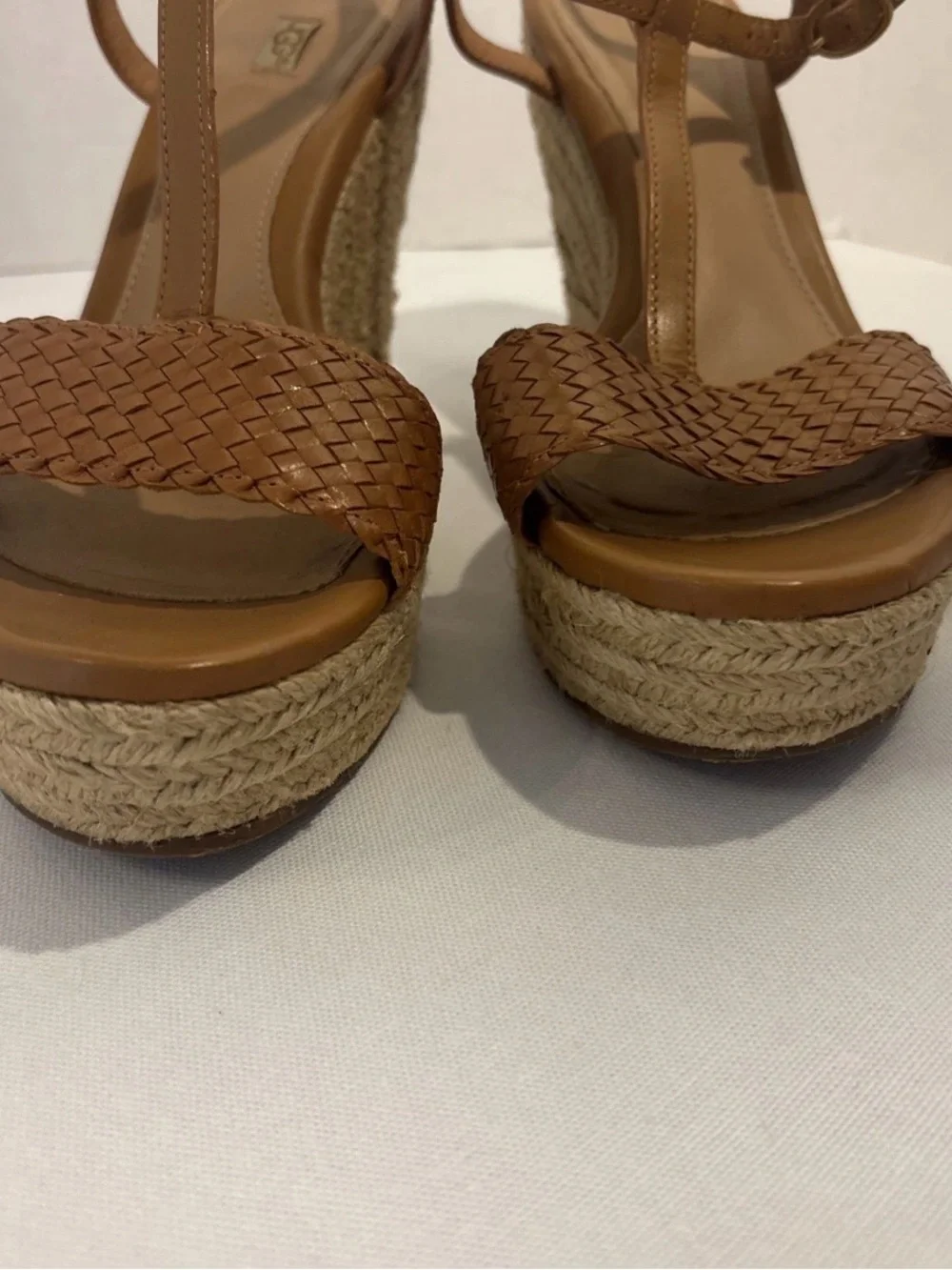 UGG Women's Tan Woven Leather Espadrille Wedge Strappy Sandals. Size 8.5